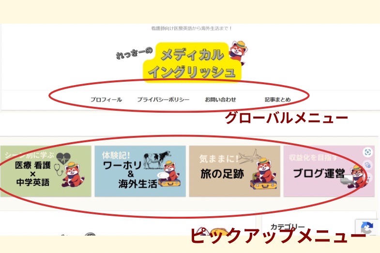 グローバルメニュー、ピックアップ記事を設定